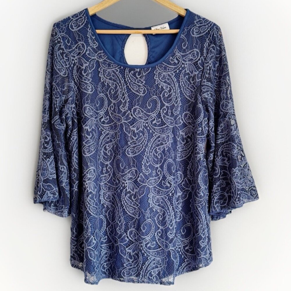 Star Vixen Women’s Blue Lace Top XL 3/4 Bell Sleeve Fairy Boho Romantic Office